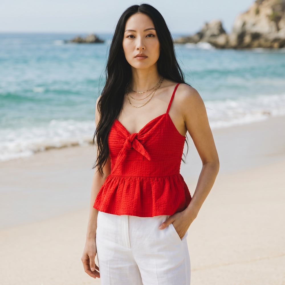 LOFT‎ Red Seersucker Tie Front Peplum Cami Top XXS Summer Cotton